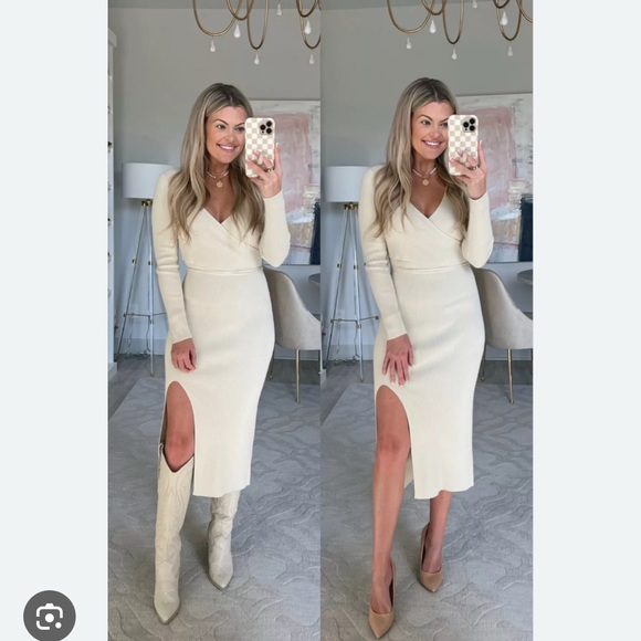 NWT Abercrombie & Fitch long sleeve wrap midi sweater dress cream Large petite - Picture 4 of 12